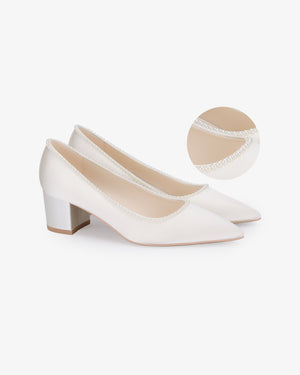 Satin Pointy Toe Low Block Heels Wedding Pumps with Mini Pearls