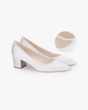 Satin Pointy Toe Low Block Heels Wedding Pumps with Mini Pearls