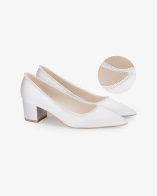 White Satin Pointy Toe Low Block Heels Wedding Pumps with Mini Pearls