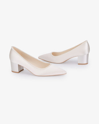 Ivory Satin Pointy Toe Low Block Heels Wedding Pumps with Mini Pearls