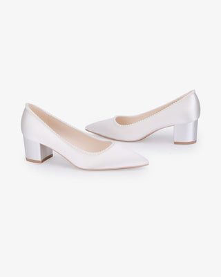 White Satin Pointy Toe Low Block Heels Wedding Pumps with Mini Pearls