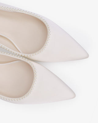 Ivory Satin Pointy Toe Low Block Heels Wedding Pumps with Mini Pearls