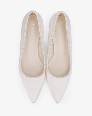Ivory Satin Pointy Toe Kitten Heel Wedding Pumps with Mini Pearls