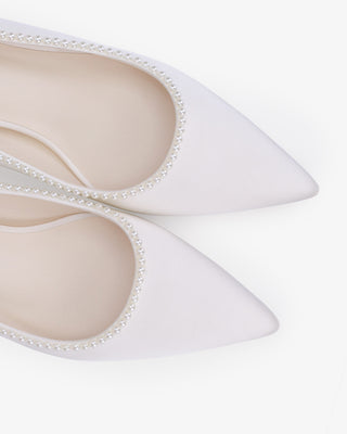 White Satin Pointy Toe Low Block Heels Wedding Pumps with Mini Pearls
