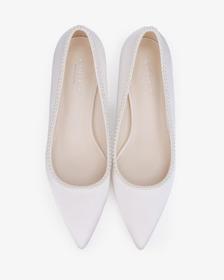 White Satin Pointy Toe Low Block Heels Wedding Pumps with Mini Pearls
