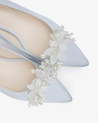Light Blue Satin Pointy Toe Low Block Heels Wedding Pumps with Frosted Bloom