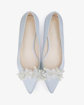 Light Blue Satin Pointy Toe Low Block Heels Wedding Pumps with Frosted Bloom