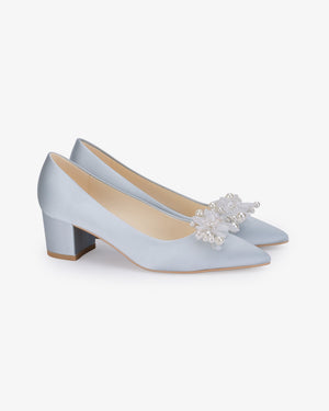 Satin Pointy Toe Low Block Heels Wedding Pumps with Frosted Bloom