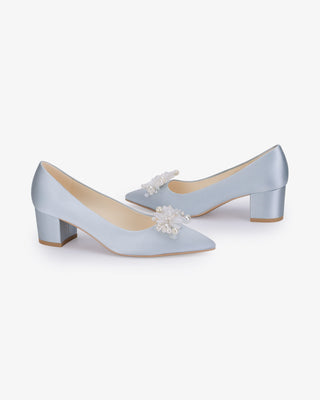 Light Blue Satin Pointy Toe Low Block Heels Wedding Pumps with Frosted Bloom