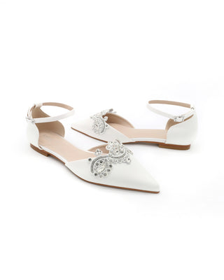 Satin Pointy Toe Flats with Rhinestones Applique Embellishments
