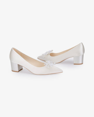 Ivory Satin Pointy Toe Low Block Heels Wedding Pumps with Frosted Bloom