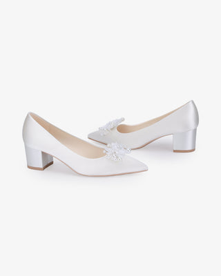 White Satin Pointy Toe Low Block Heels Wedding Pumps with Frosted Bloom