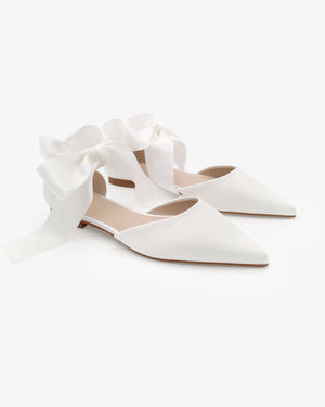 Satin Pointy Toe Bridal Flats with Ribbon Tie or Pearls Strap