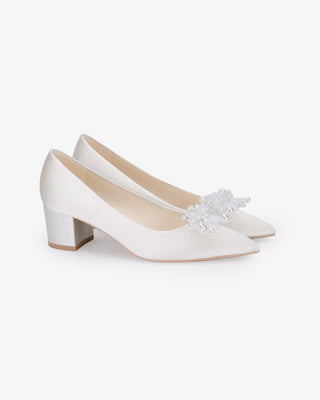 Ivory Satin Pointy Toe Low Block Heels Wedding Pumps with Frosted Bloom