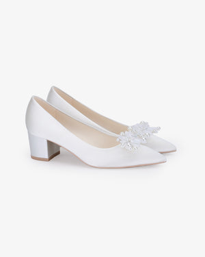 Satin Pointy Toe Low Block Heels Wedding Pumps with Frosted Bloom