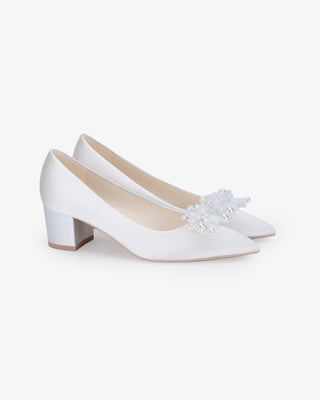 White Satin Pointy Toe Low Block Heels Wedding Pumps with Frosted Bloom
