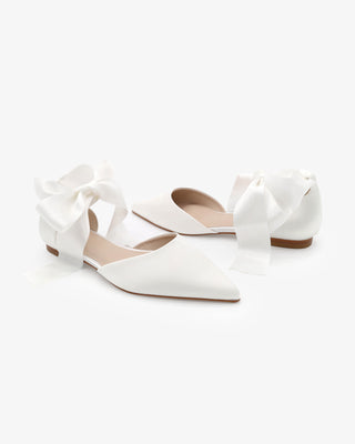 White Satin Pointy Toe Bridal Flats with Satin Ribbon Ankle Tie