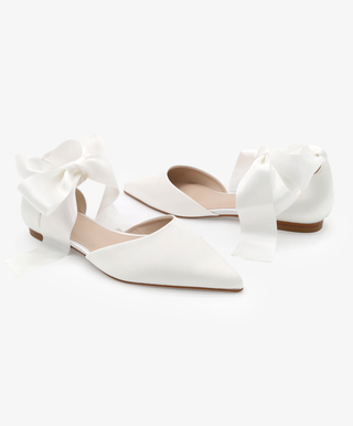 Satin Pointy Toe Bridal Flats with Ribbon Tie