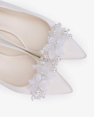 Ivory Satin Pointy Toe Low Block Heels Wedding Pumps with Frosted Bloom