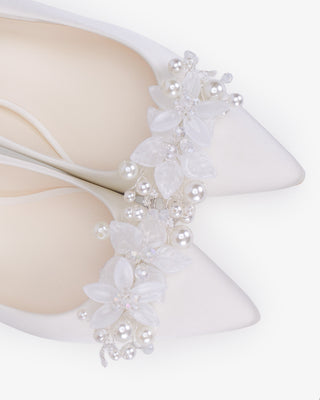 White Satin Pointy Toe Low Block Heels Wedding Pumps with Frosted Bloom