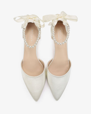Ivory Satin Pointy Toe Kitten Low Heel with All Pearls Strap