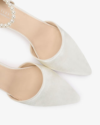 Ivory Satin Pointy Toe Kitten Low Heel with All Pearls Strap
