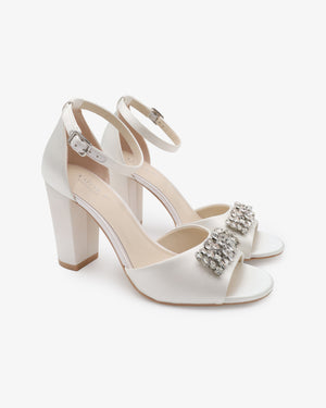 Satin Block Heel Wedding Sandals with Crystelle Rhinestones