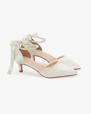 Satin Pointy Toe Kitten Low Heel with All Pearls Strap