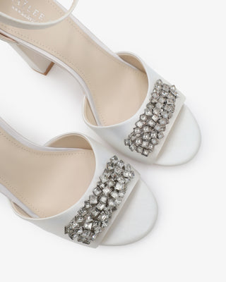white wedding block heel satin sandals with rhinestones embellishments