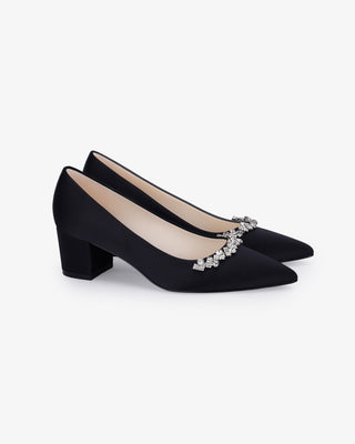 Black Satin Pointy Toe Low Block Heels Evening Pumps with Astoria Crystal