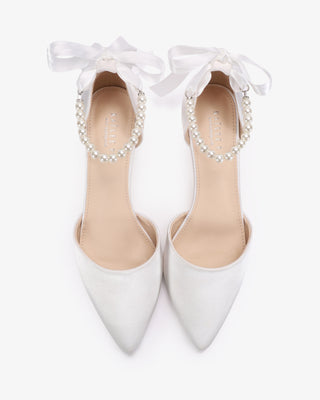 White Satin Pointy Toe Kitten Low Heel with All Pearls Strap