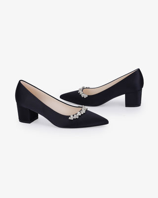 Black Satin Pointy Toe Low Block Heels Evening Pumps with Astoria Crystal