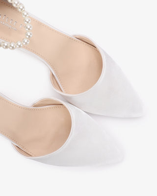 White Satin Pointy Toe Kitten Low Heel with All Pearls Strap
