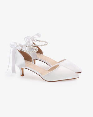 Satin Pointy Toe Kitten Low Heel with All Pearls Strap