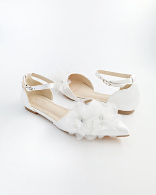 Satin Pointy Toe Wedding Flats with Ophelia Flowers