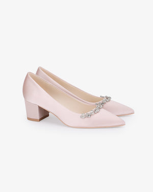Satin Pointy Toe Low Block Heels Evening Pumps with Astoria Crystal