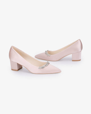 Dusty Pink Satin Pointy Toe Low Block Heels Evening Pumps with Astoria Crystal