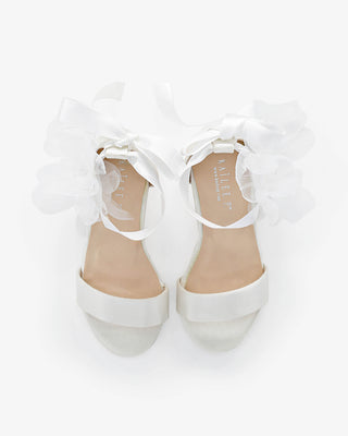 White Satin Flower Girls Block Heel Sandals with Ophelia Flowers