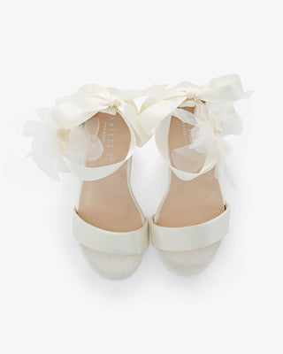 Ivory Satin Flower Girls Block Heel Sandals with Ophelia Flowers
