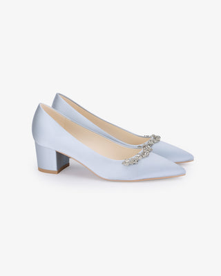 Light Blue Satin Pointy Toe Low Block Heels Wedding Pumps with Astoria Crystal