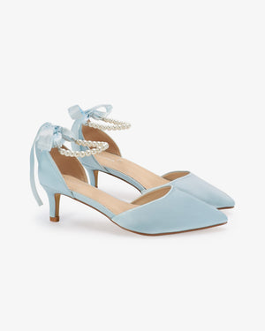 Satin Pointy Toe Kitten Low Heel with All Pearls Strap