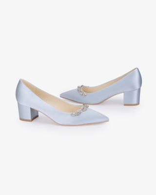 Light Blue Satin Pointy Toe Low Block Heels Wedding Pumps with Astoria Crystal