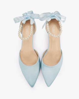 Light Blue Satin Pointy Toe Kitten Low Heel with All Pearls Strap