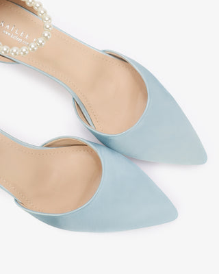 Light Blue Satin Pointy Toe Kitten Low Heel with All Pearls Strap