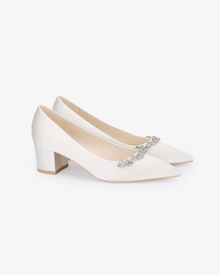 Ivory Satin Pointy Toe Low Block Heels Wedding Pumps with Astoria Crystal
