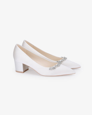White Satin Pointy Toe Low Block Heels Wedding Pumps with Astoria Crystal