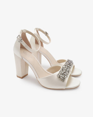 Satin Block Heel Wedding Sandals with Crystelle Rhinestones