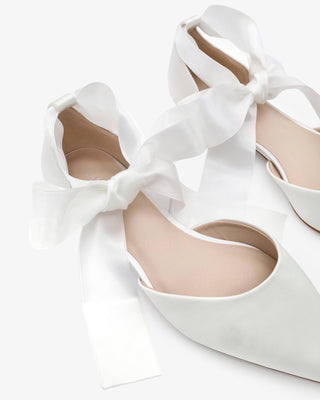 White Satin Pointy Toe Bridal Flats with Satin Ribbon Ankle Tie