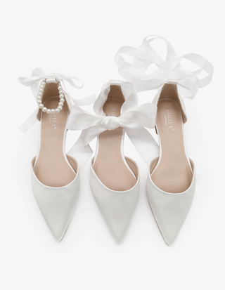 Satin Pointy Toe Bridal Flats with Ribbon Tie or Pearls Strap