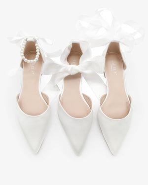 Satin Pointy Toe Bridal Flats with Ribbon Tie or Pearls Strap